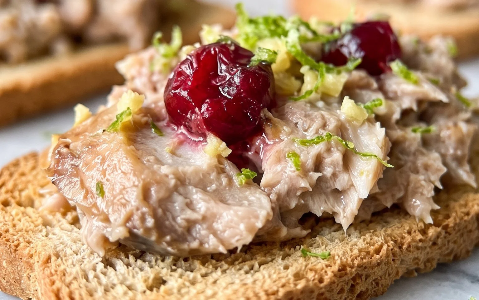 Smoked mackerel pâté with cranberry, lime and ginger on Melba toasts