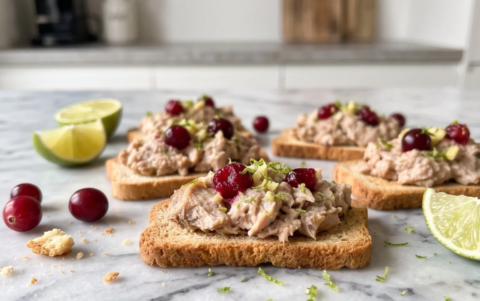 Smoked mackerel pâté with cranberry, lime and ginger on Melba toasts